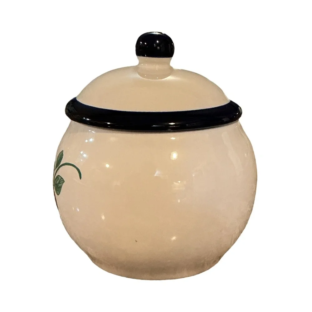 Princess House Orchard Medley Ceramic Sugar Bowl Apple Navy Trim Cream Canister